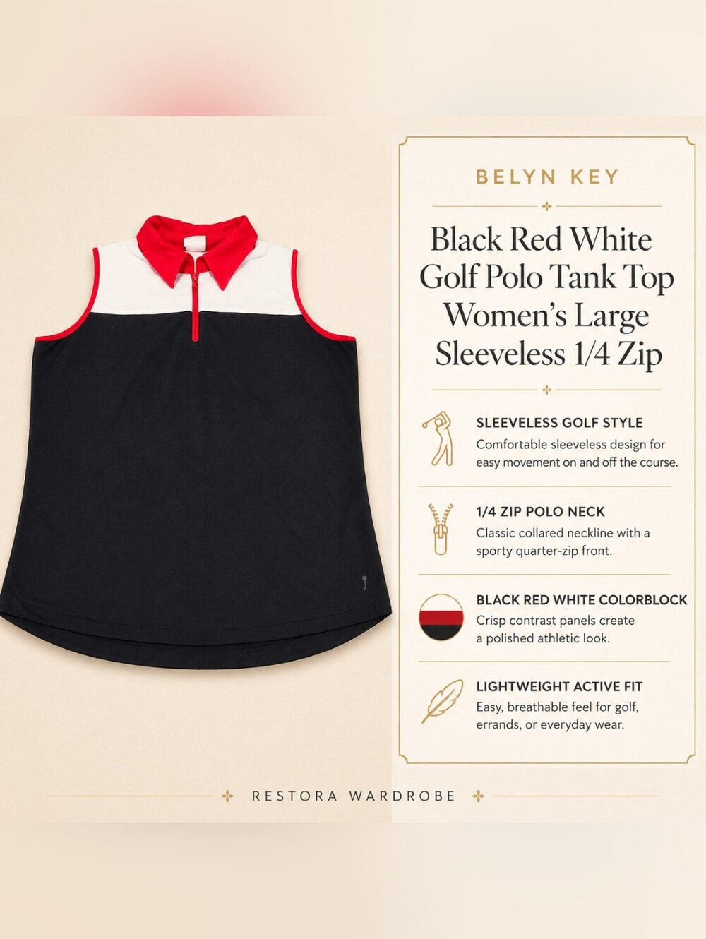 Belyn Key Golf Polo Tank Top Large Black Red White Sleeveless 1/4 Zip